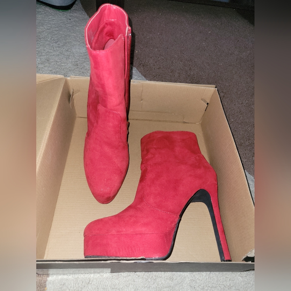 Red stiletto booties by Shoedazzle